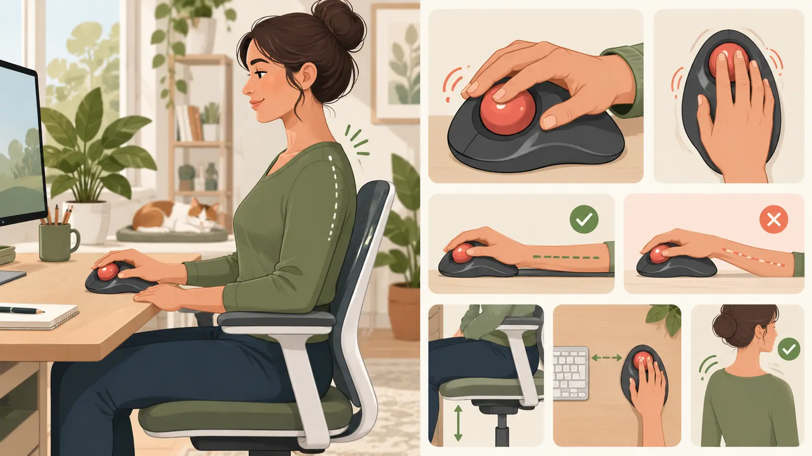 トラックボールの本体位置と指の使い方を具体的に示すイラスト