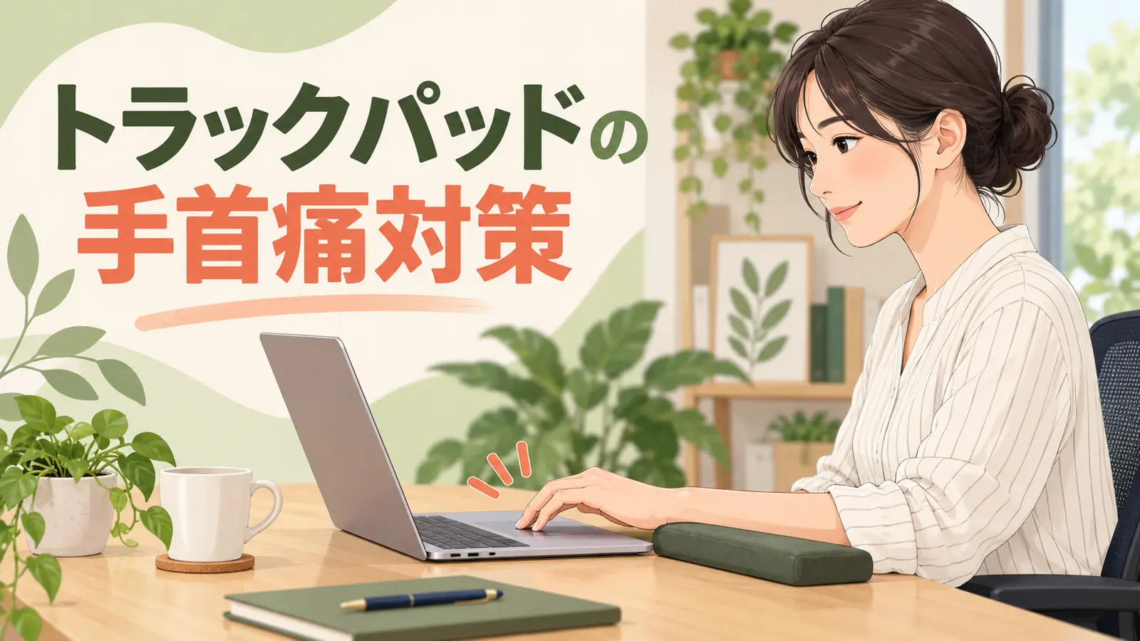 前腕を軽く支えてトラックパッドを操作するデスクワーカー
