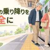 電車へ安全に乗る中高年夫婦