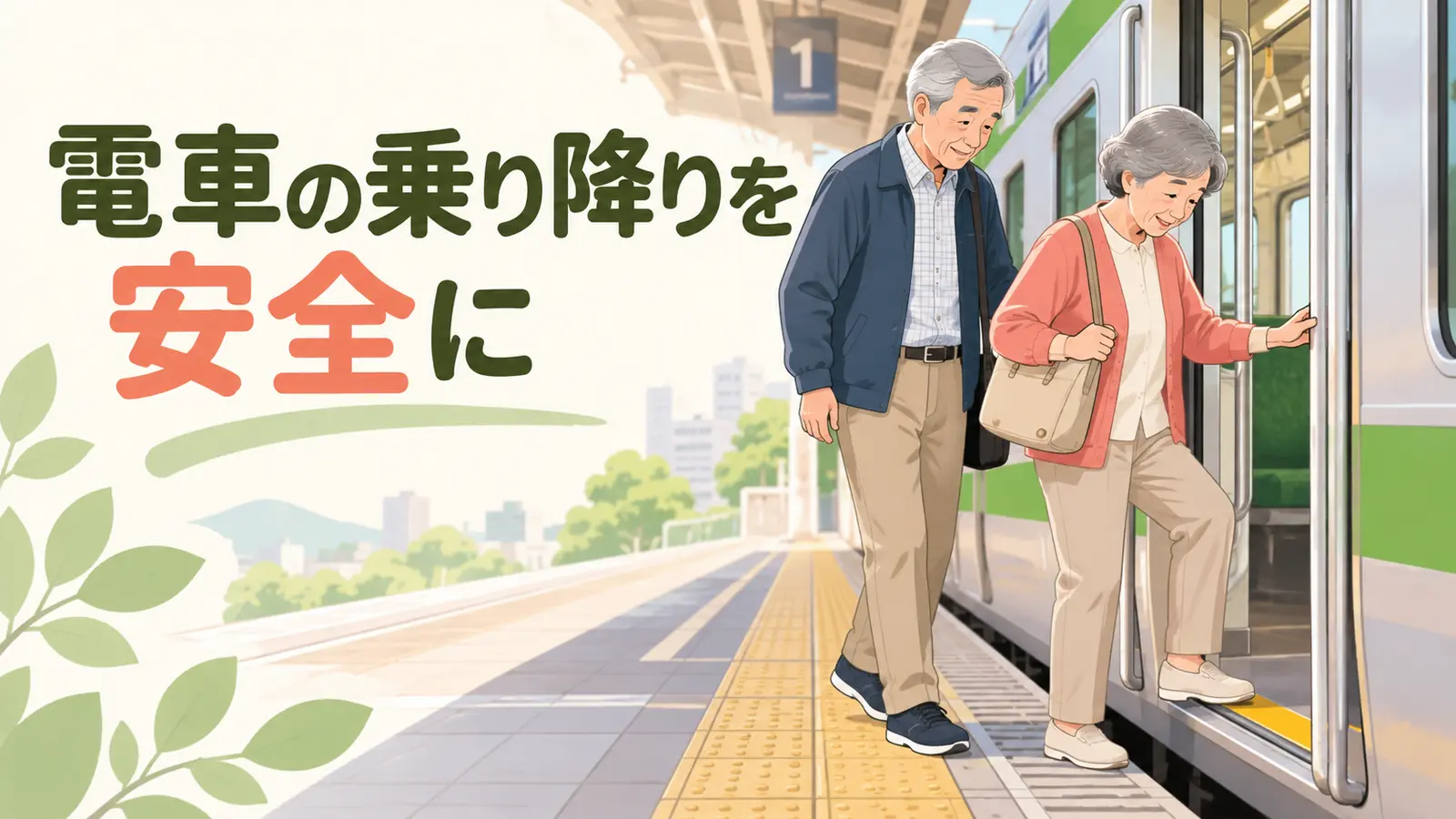 ホームの段差を確認して電車へ乗る中高年夫婦