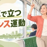 電車内で手すりを持つ中高年女性