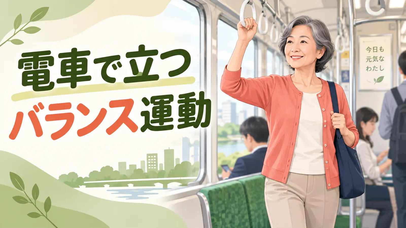 電車内で手すりを持ち安定して立つ中高年女性