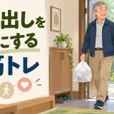 玄関で小さなゴミ袋を持つ中高年男性