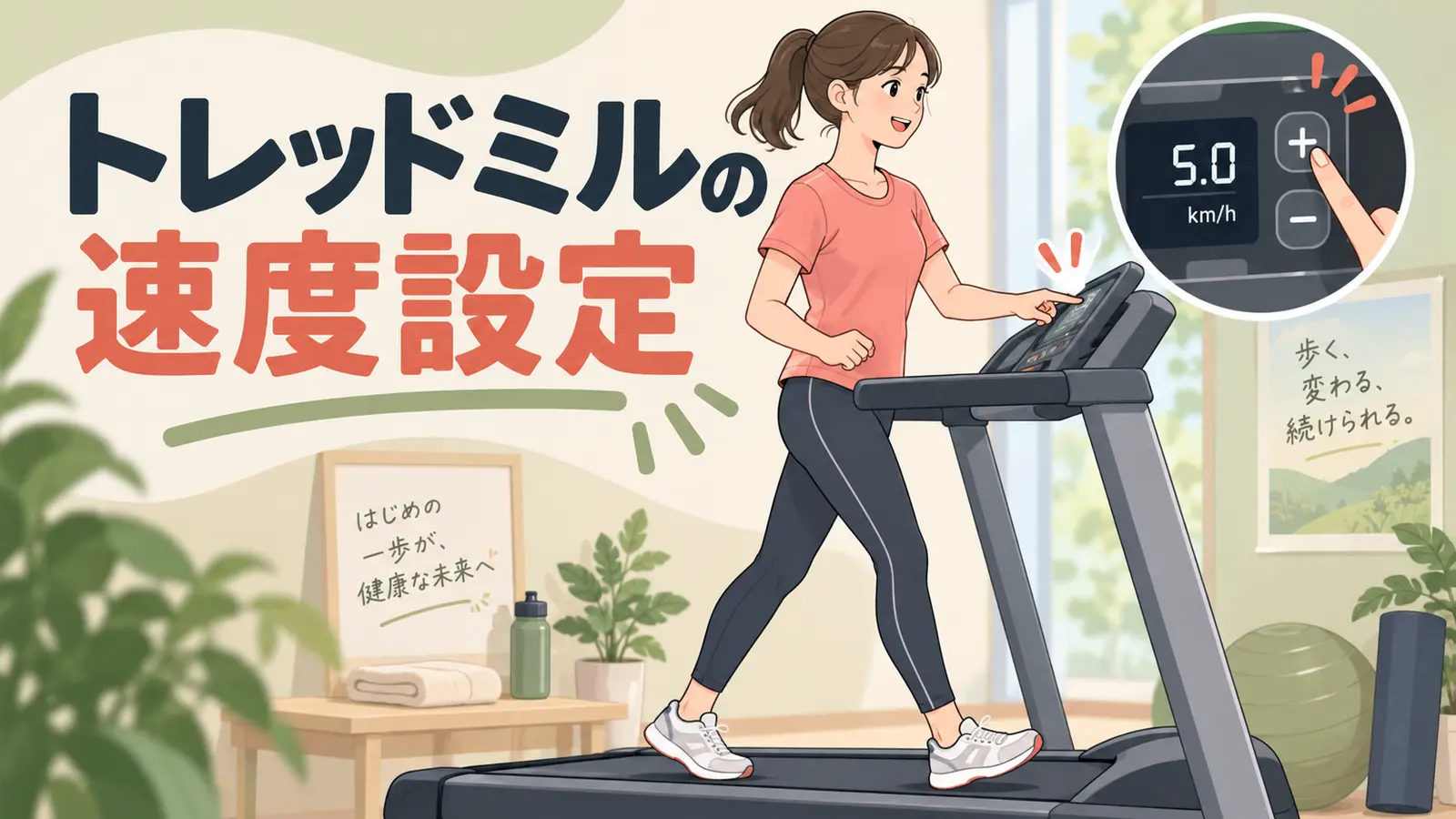 トレッドミルの速度を調整して歩く人物