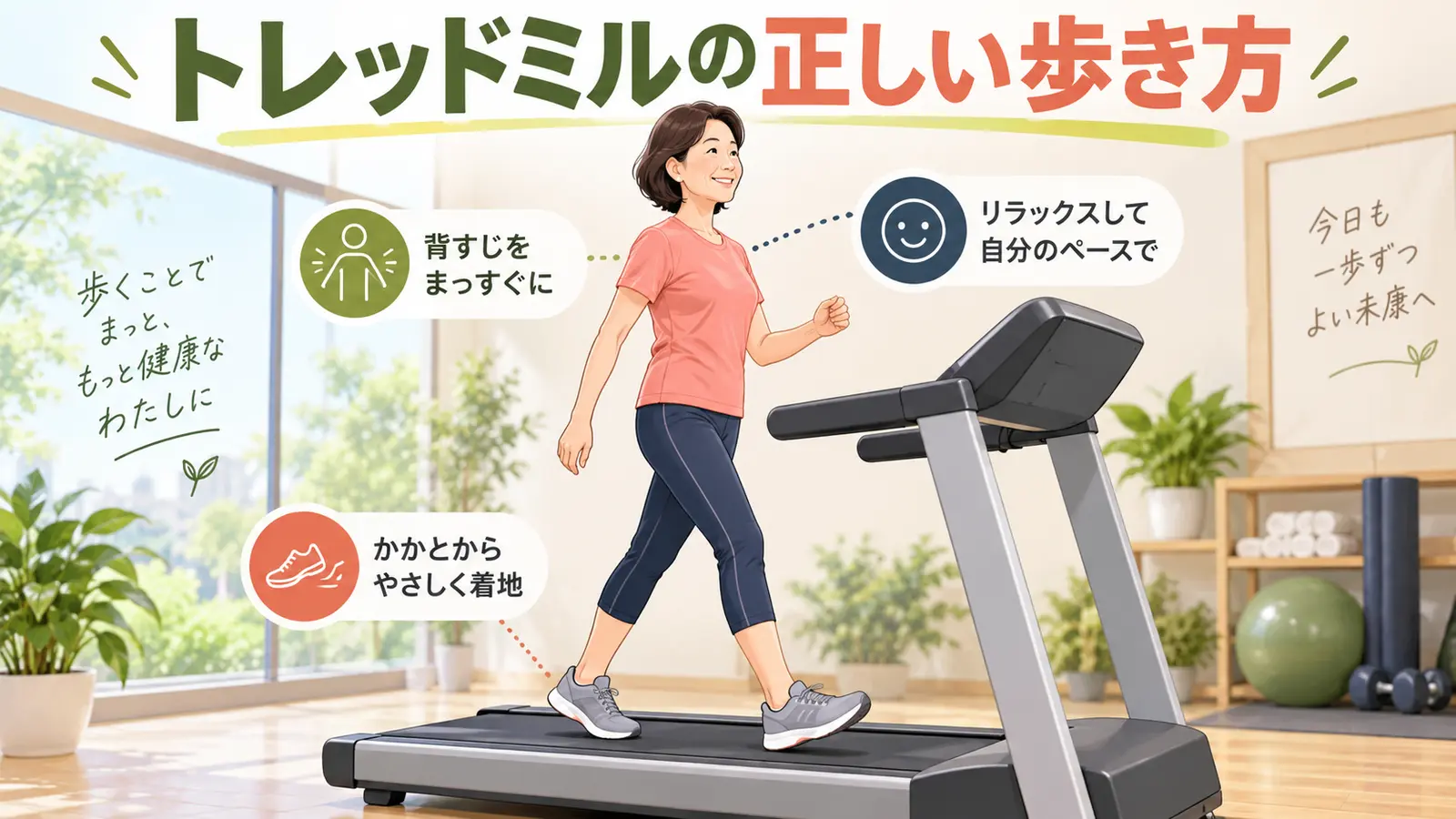 トレッドミルを正しい姿勢で歩く初心者
