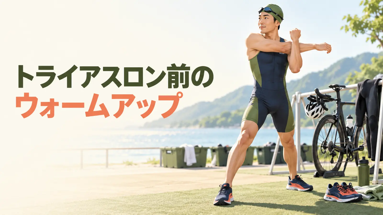 トライアスロン前に肩と下半身を準備する様子