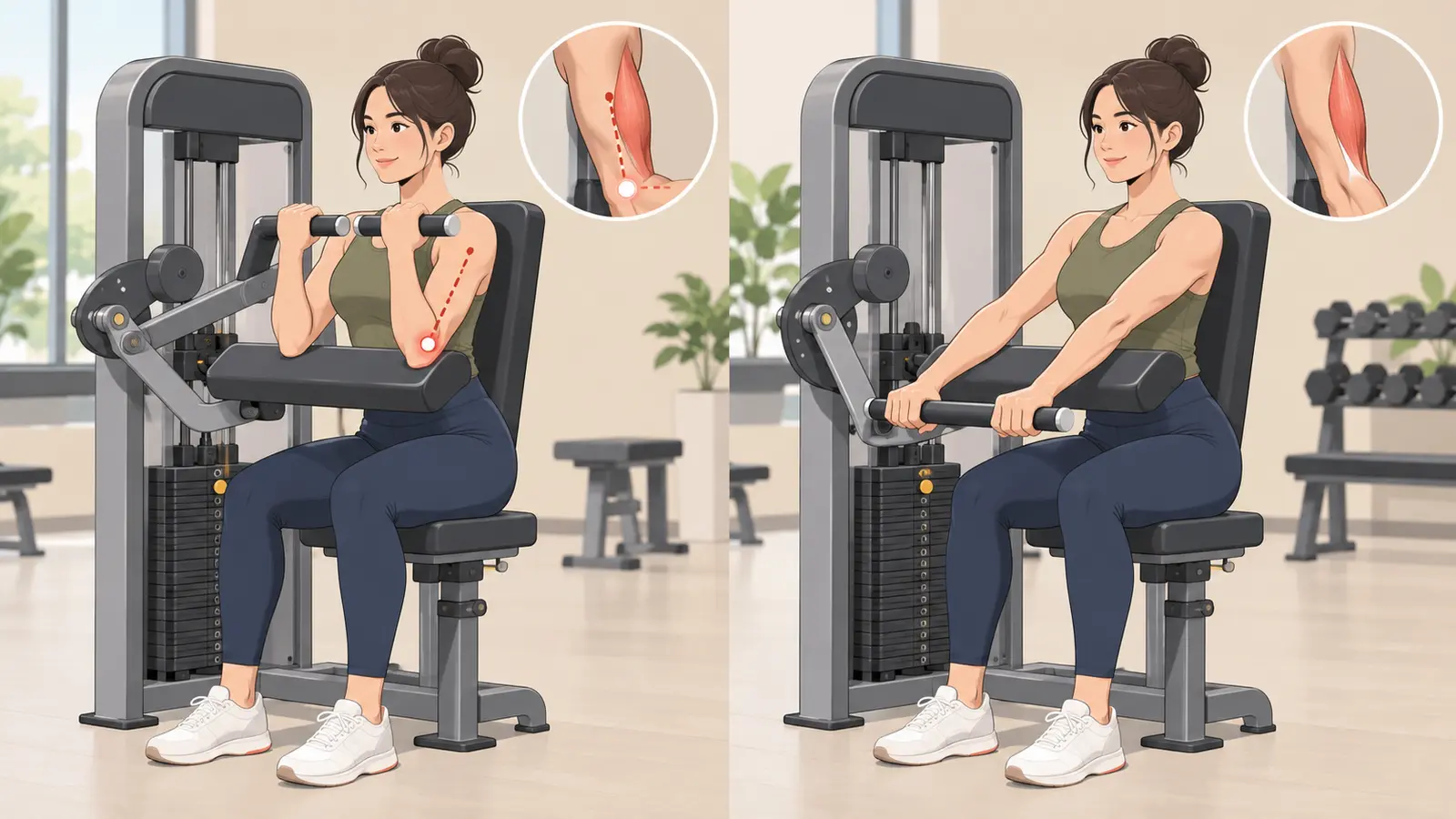 トライセプスエクステンションマシンの設定とフォームを示すイラスト