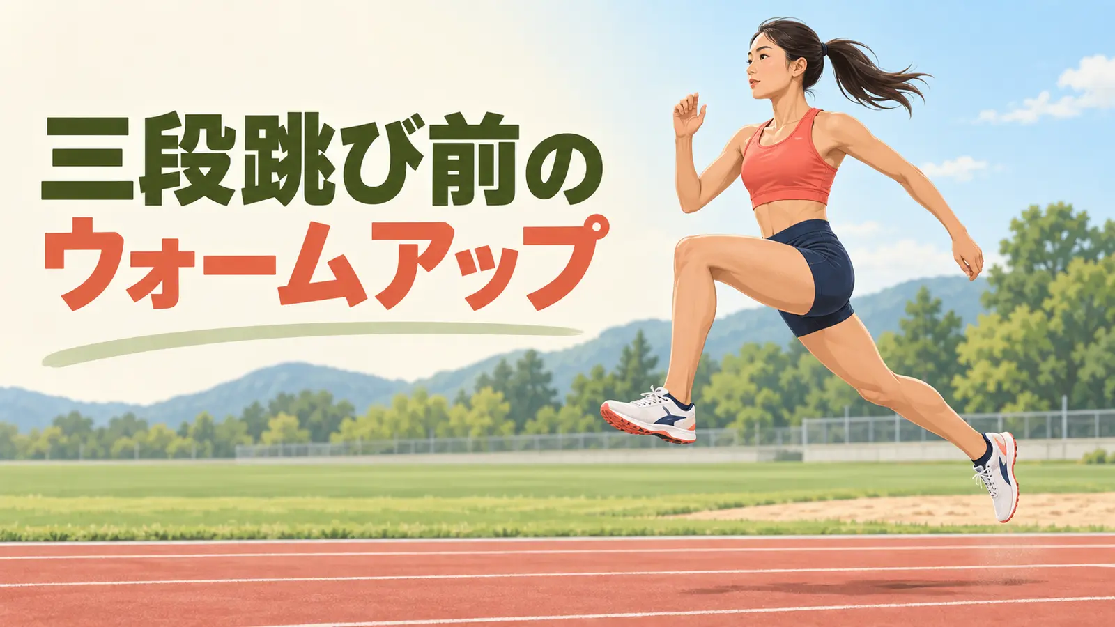 三段跳び前に動的運動を行う選手