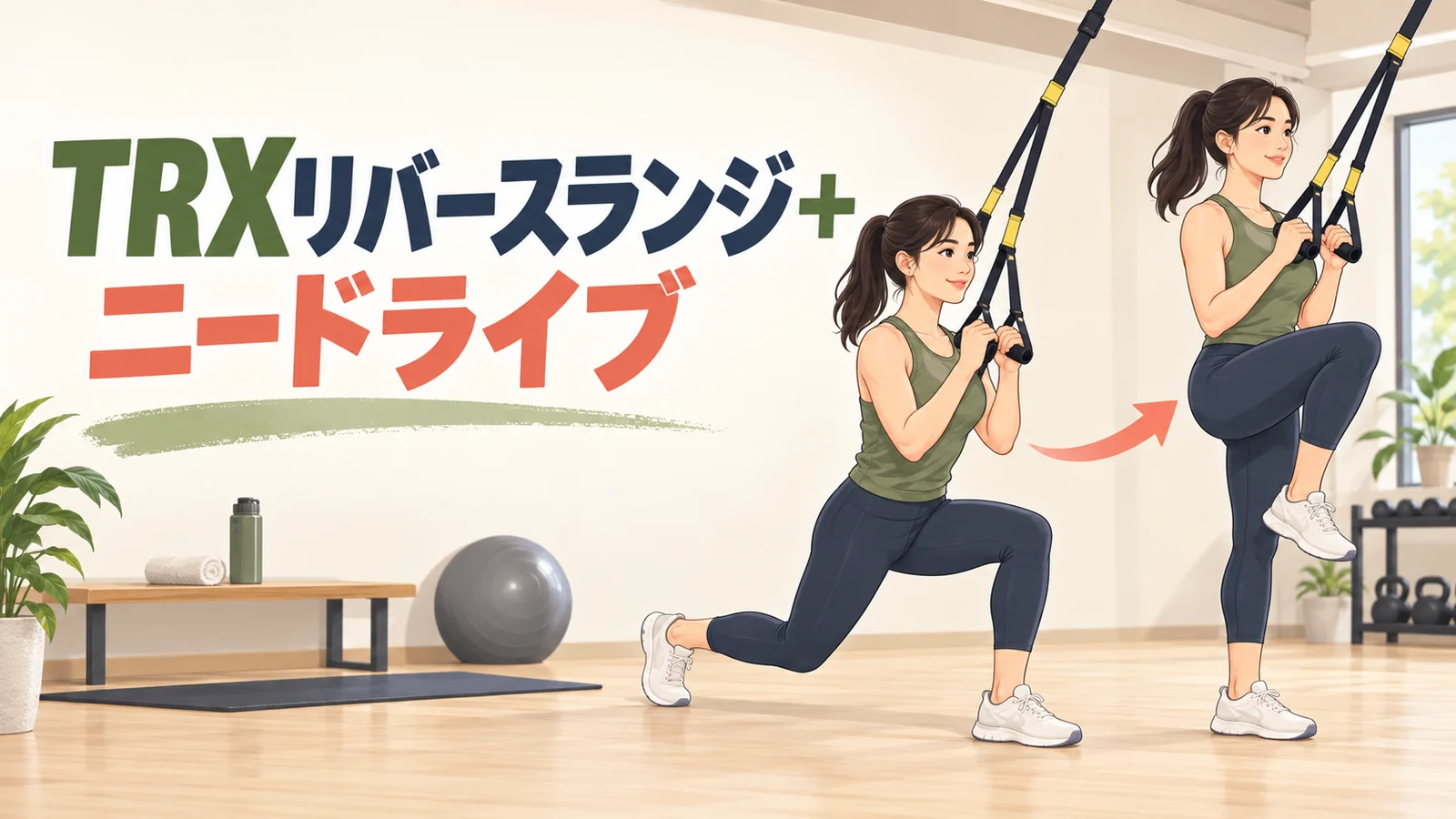 TRXリバースランジ+ニードライブの正しいやり方を示すアイキャッチ