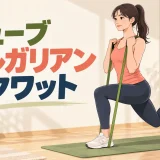 チューブブルガリアンスクワットを行う人物の解説イラスト