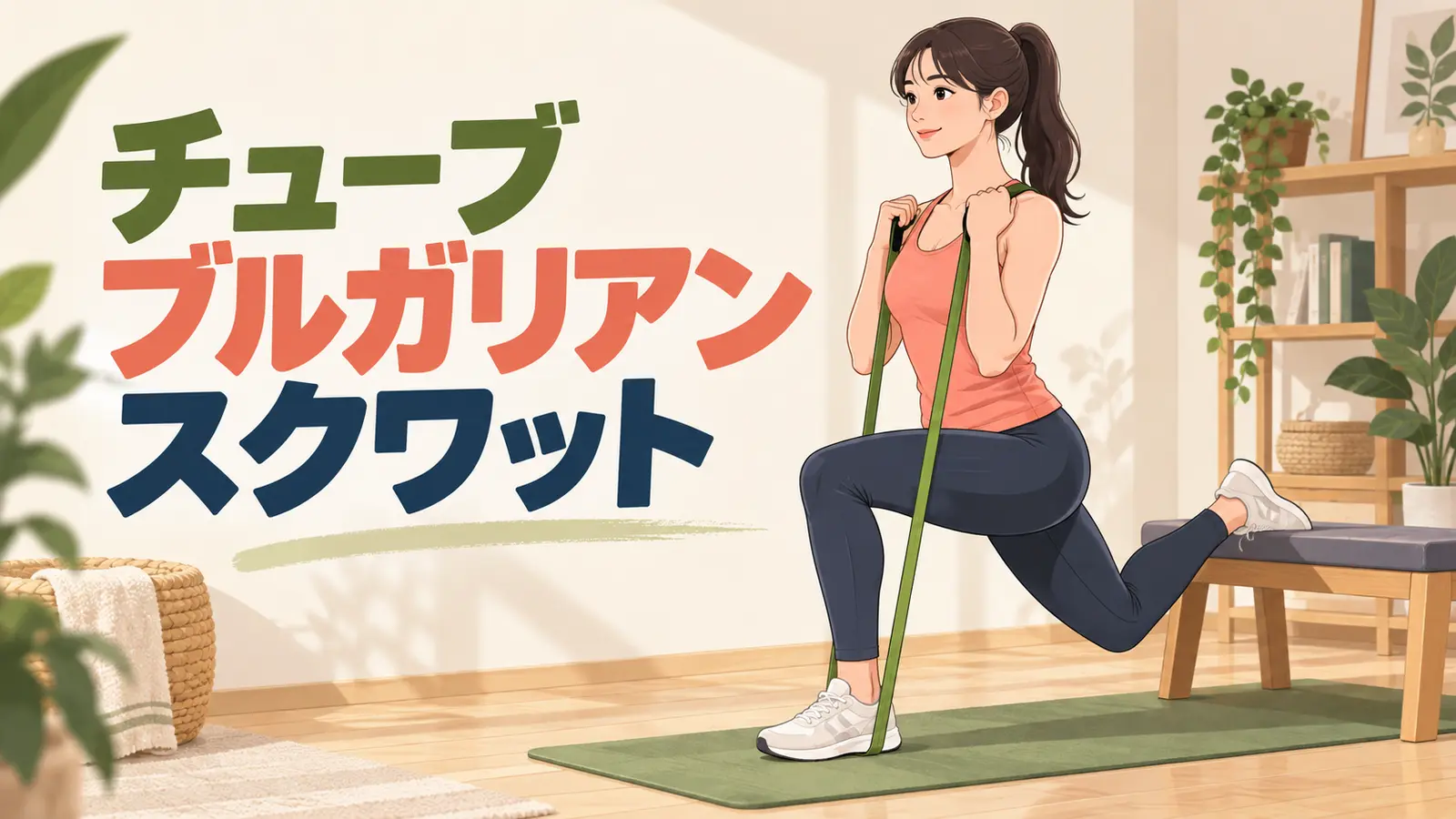 チューブブルガリアンスクワットを行う人物の解説イラスト