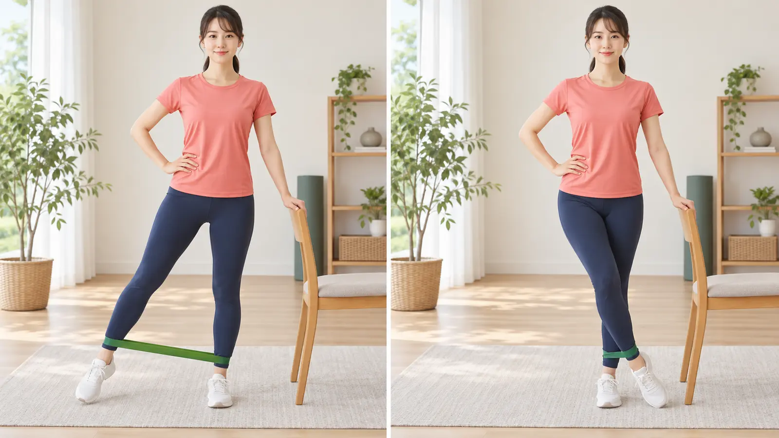 チューブヒップアダクションの開始姿勢と動作後の姿勢