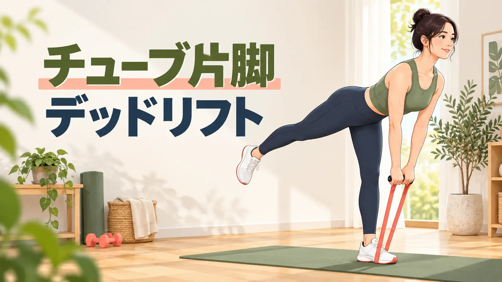 チューブ片脚デッドリフトを行う人物の解説イラスト