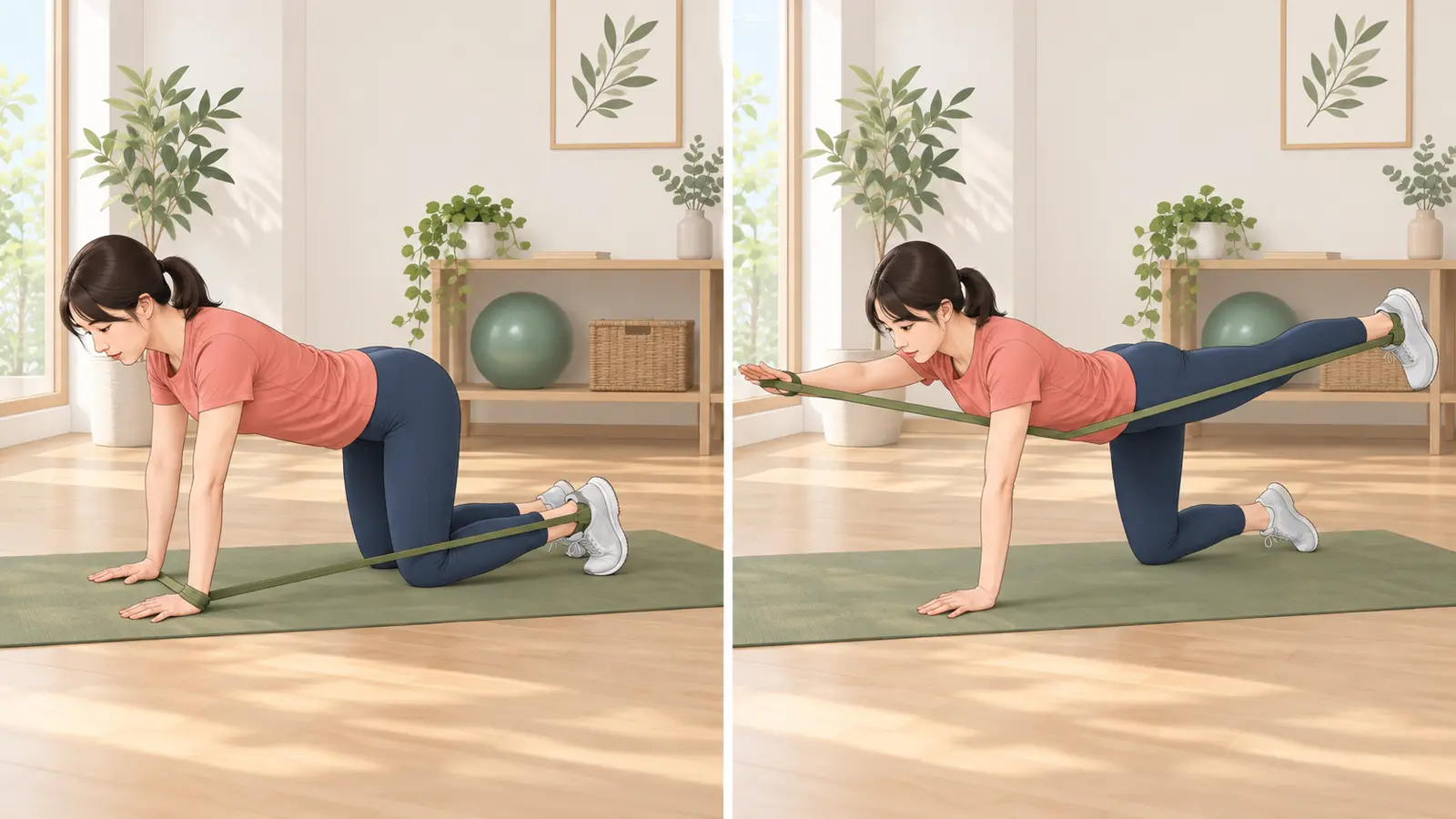 チューブスモウスクワットの開始姿勢と動作後の姿勢