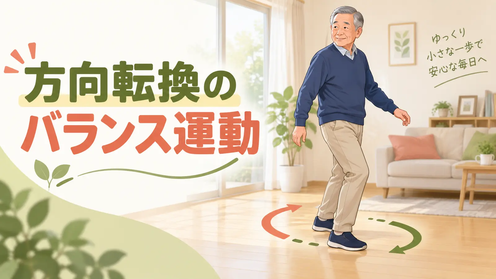 室内で小さな歩幅を使い方向転換する高齢男性
