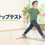 床の測定線に沿って2歩進む人物