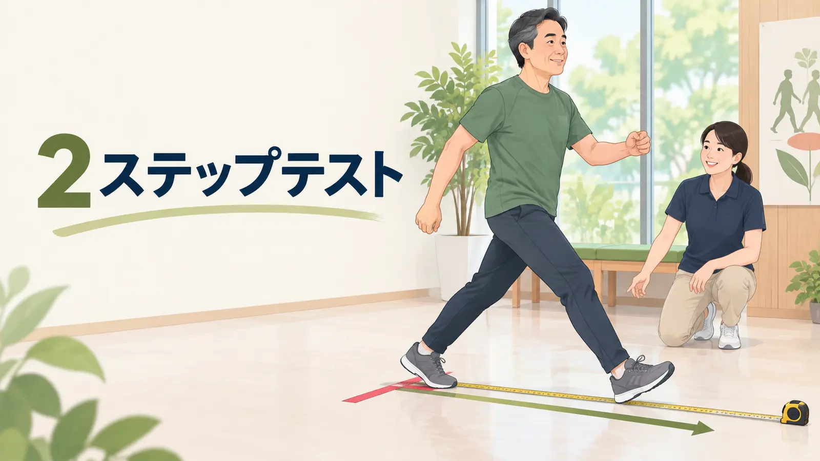 床の測定線に沿って2歩進む人物