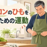 エプロンのひもを安全に結ぶ中高年
