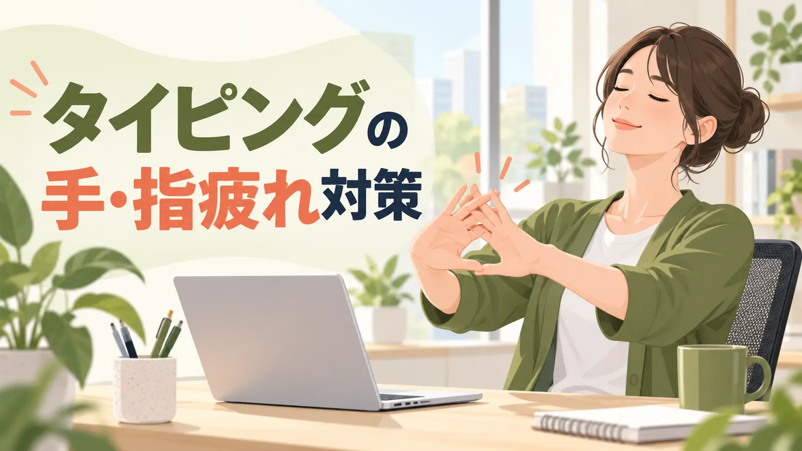 パソコン作業の合間に指をやさしく動かすオフィスワーカー