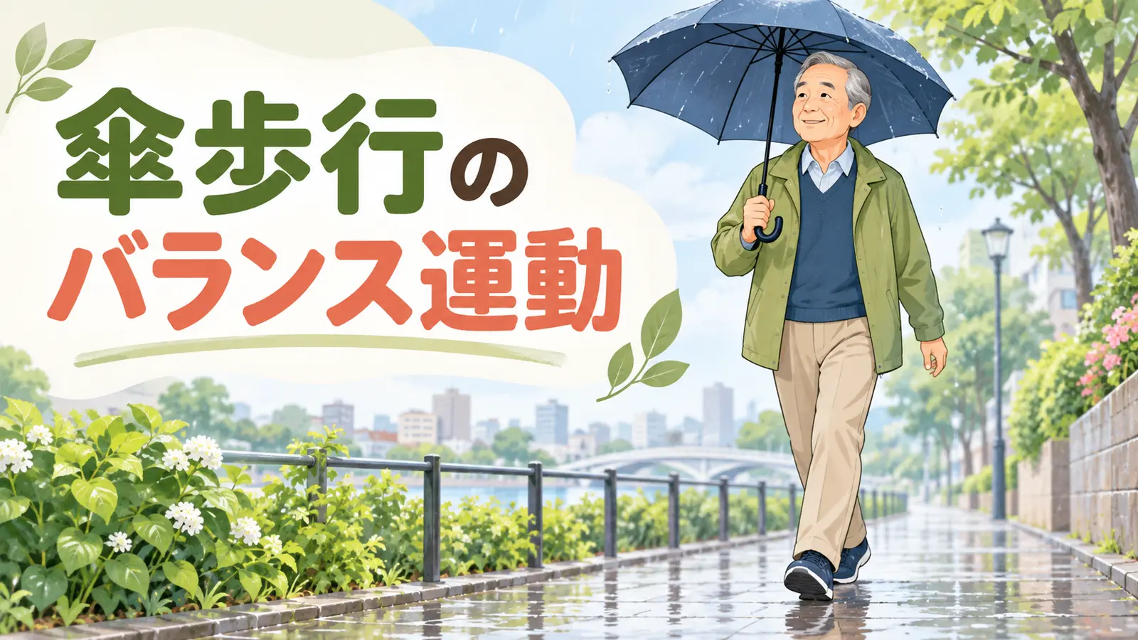 雨の歩道で傘を安定して持つ中高年男性