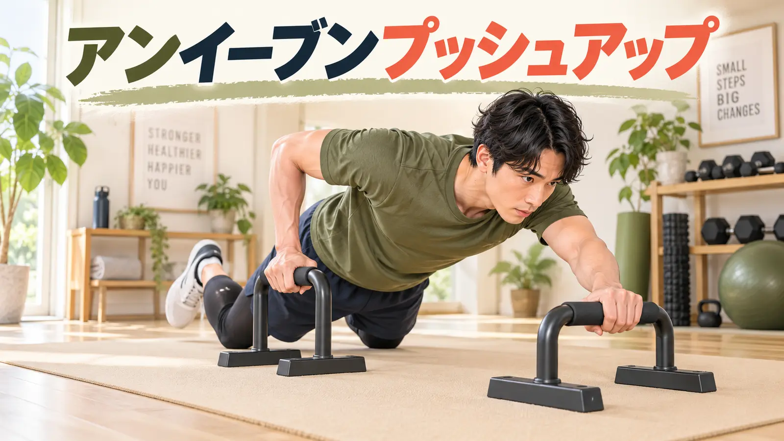 アンイーブンプッシュアップをパラレッツで安全に練習する様子