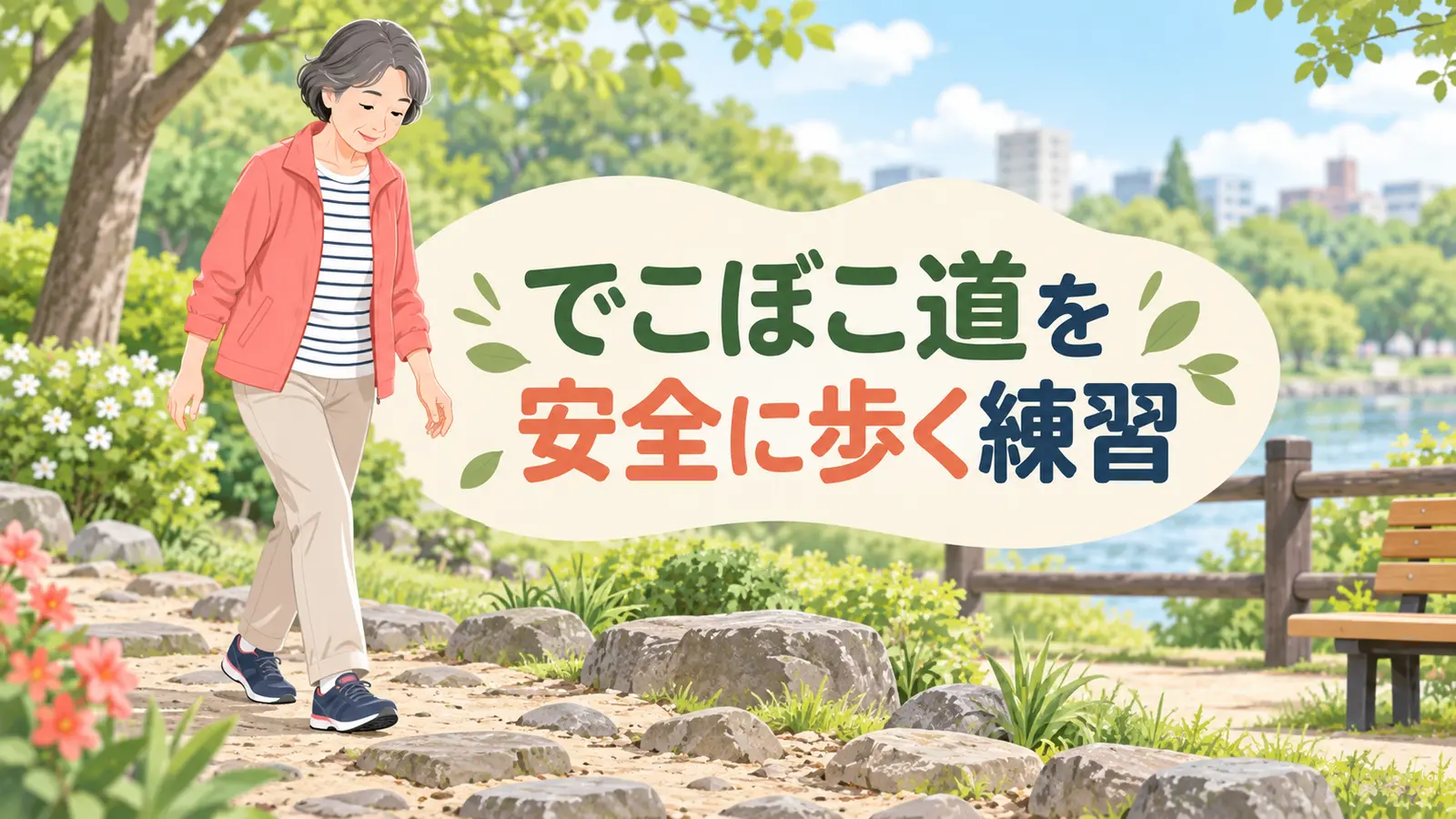 公園のでこぼこ道を慎重に歩く中高年女性