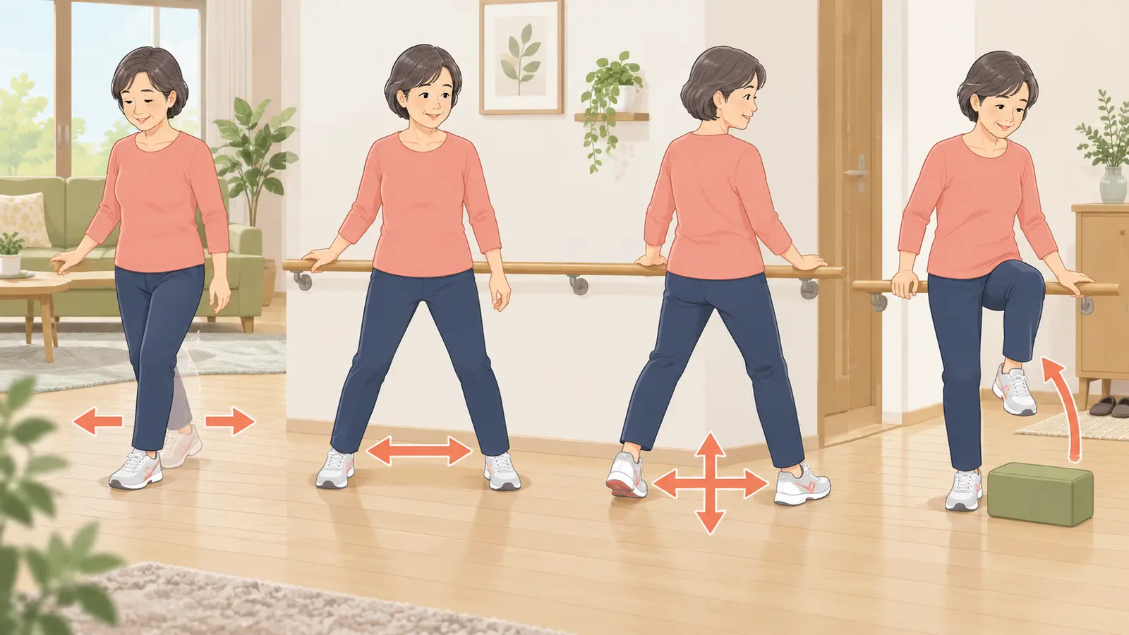 支持物のそばで重心移動とまたぎを練習