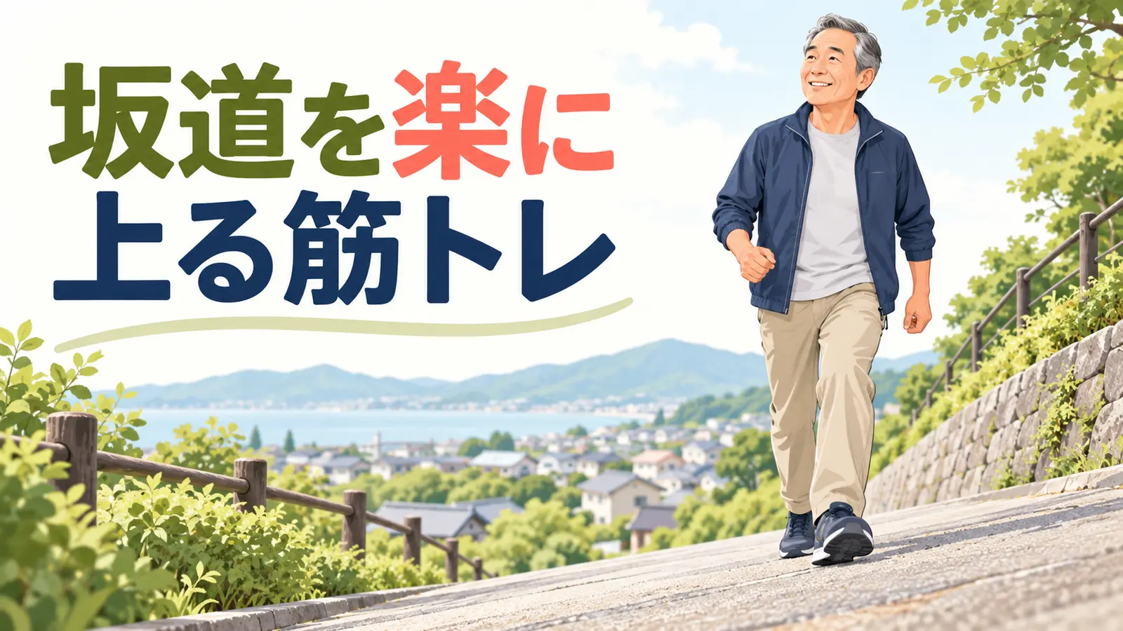 緩やかな坂道を歩く中高年男性
