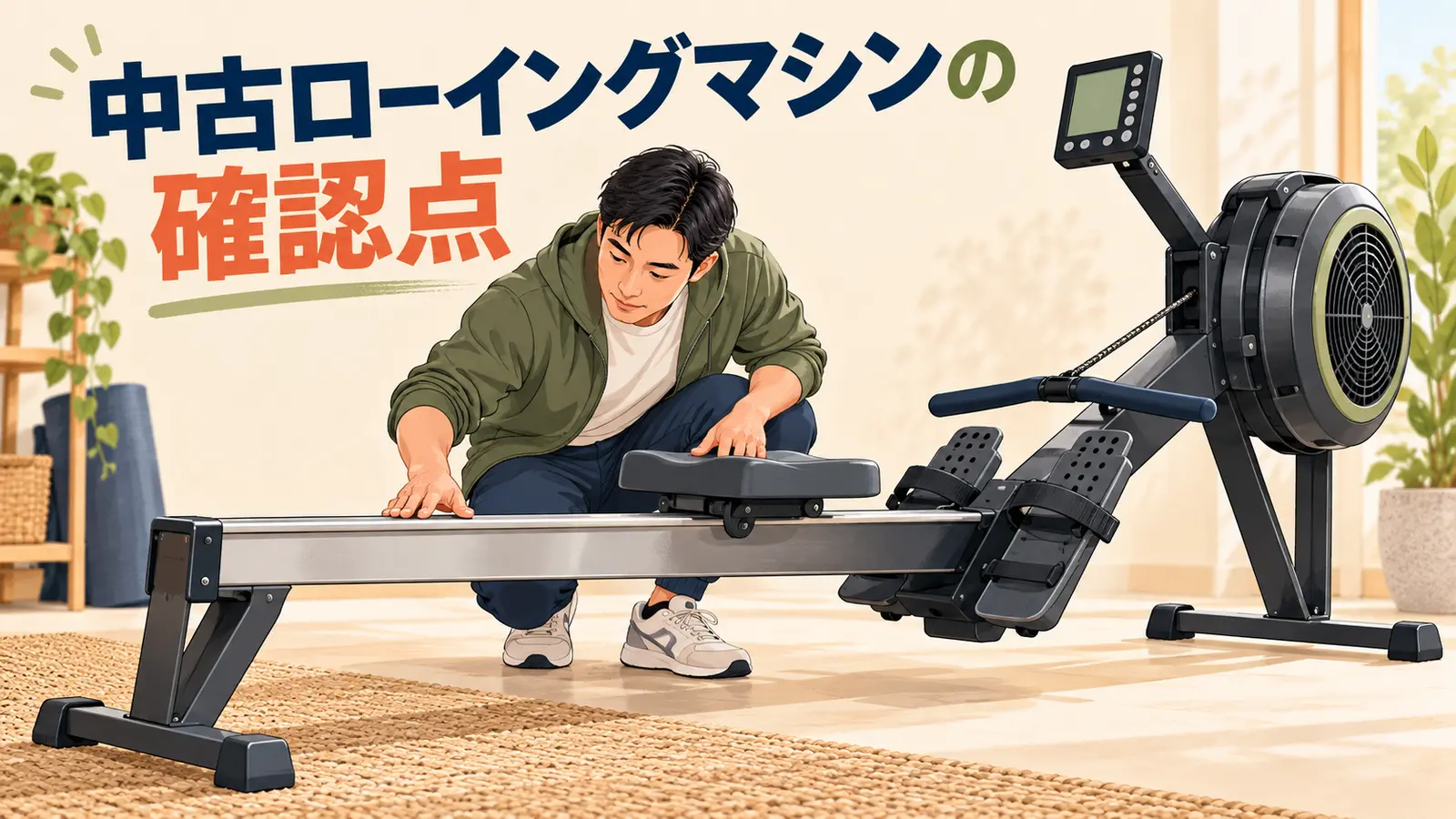 中古ローイングマシンのレールとシートを購入前に確認するイラスト