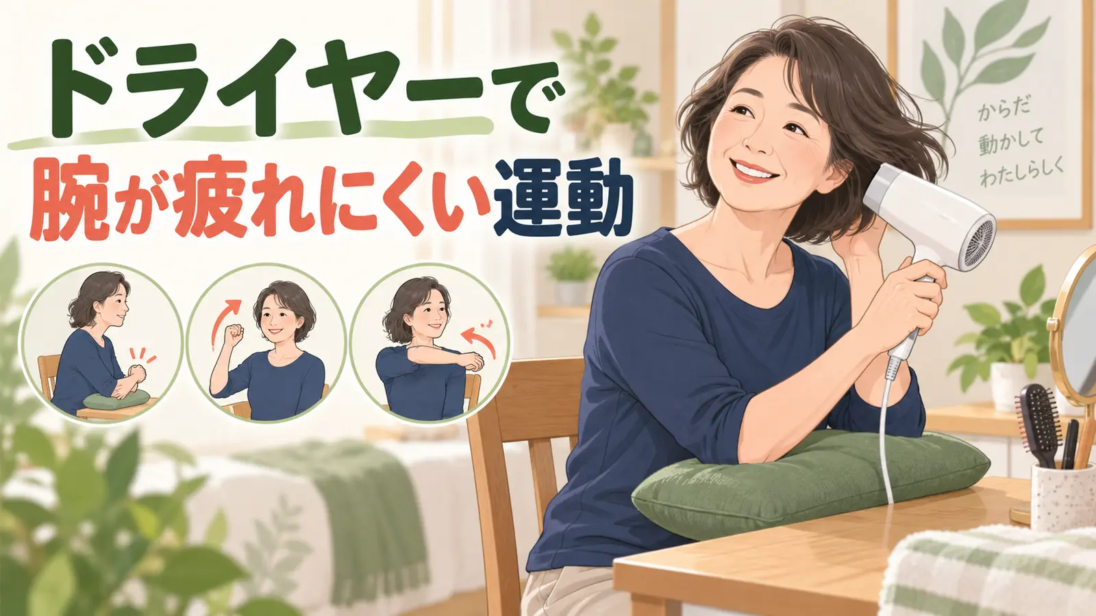ドライヤーで腕が疲れにくい運動のイメージ
