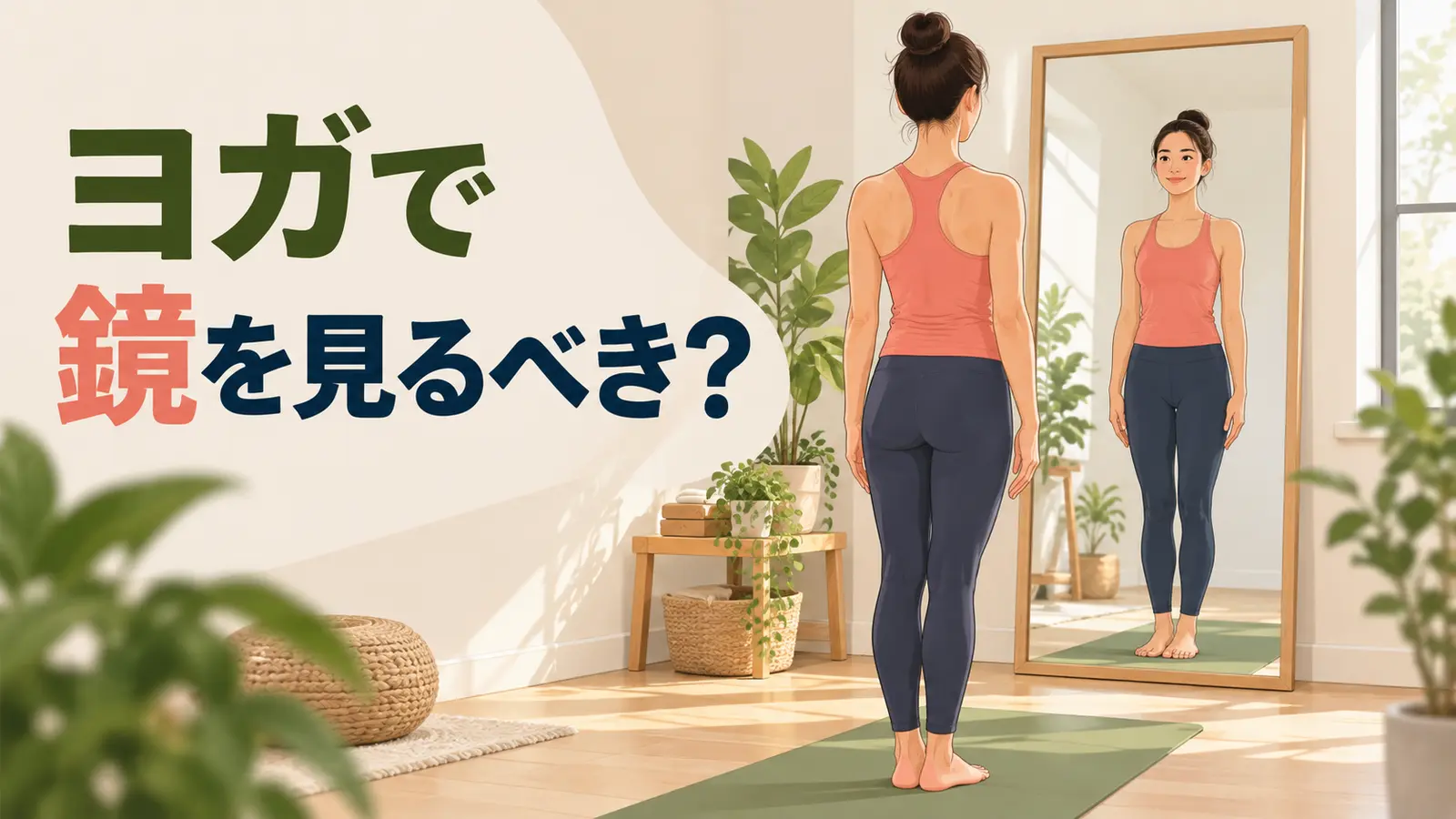ヨガで鏡を見る方法を初心者向けに解説するイラスト
