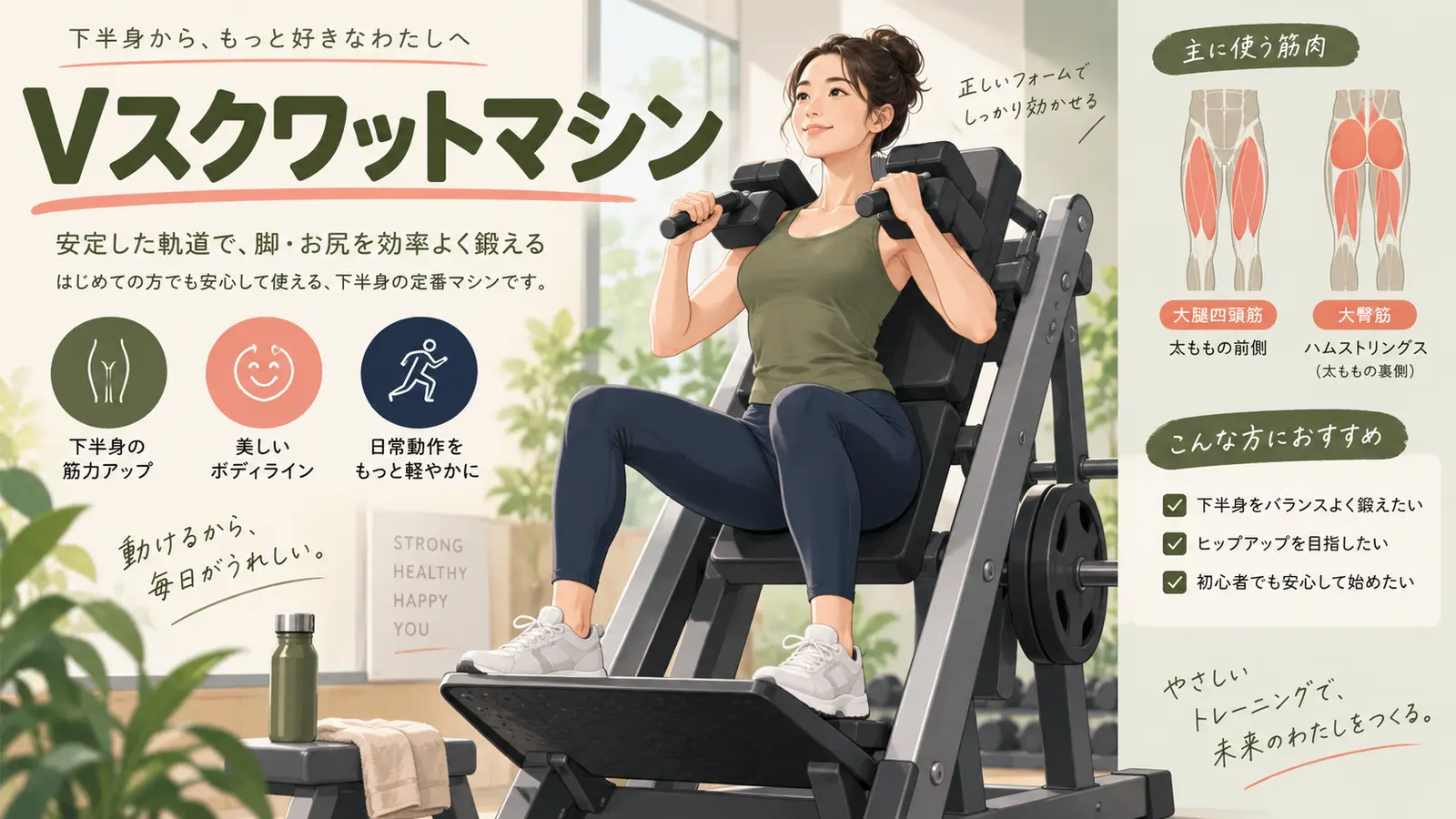 Vスクワットマシンを正しいフォームで行うイラスト