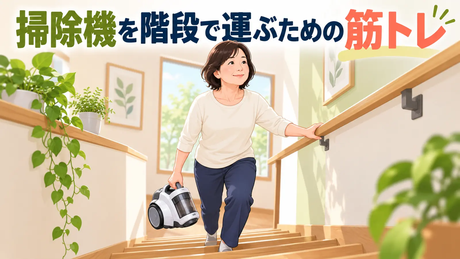 手すりを使い軽量掃除機を階段で運ぶ中高年女性