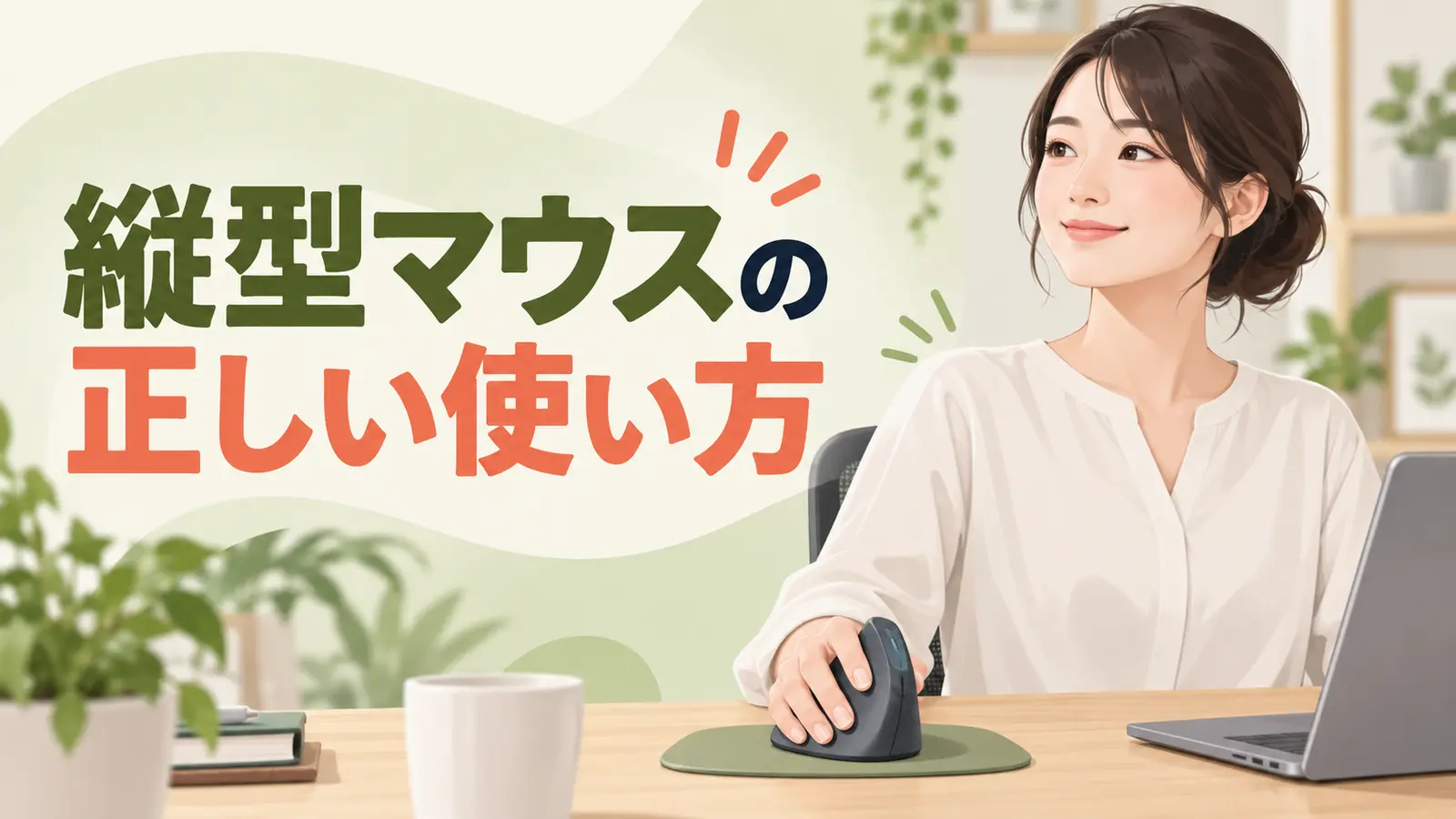 縦型マウスへ手を軽く添えて操作するデスクワーカー