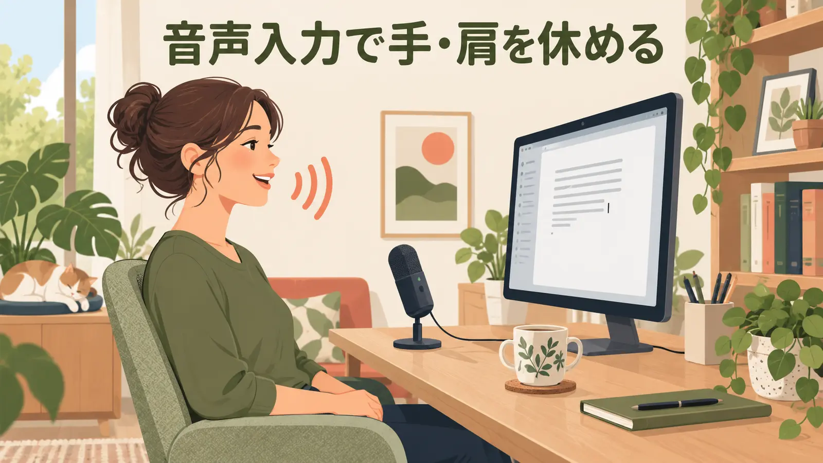 自然なマイク距離で音声入力するデスクワーカー
