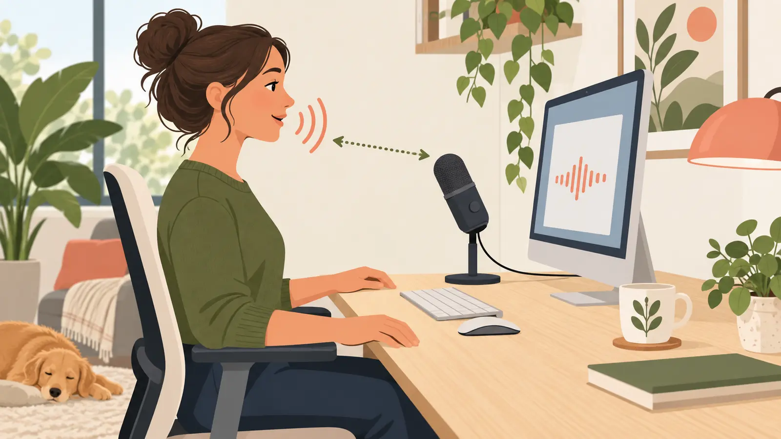 自然なマイク距離で音声入力するデスクワーカーを具体的に示すイラスト