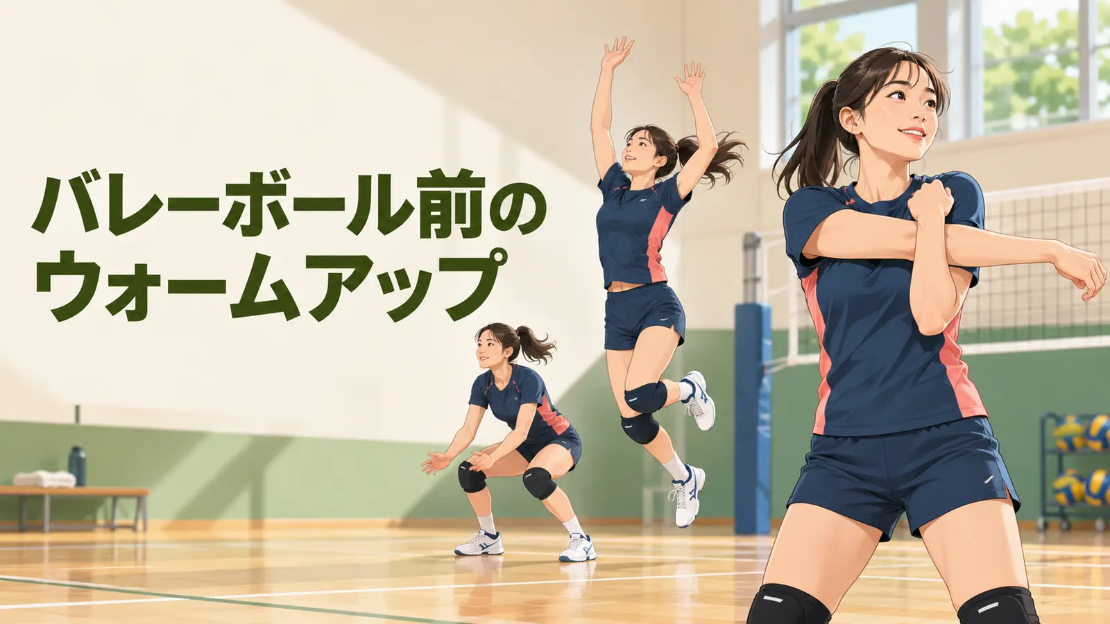 バレーボール前に肩を動かしジャンプと着地を準備する様子