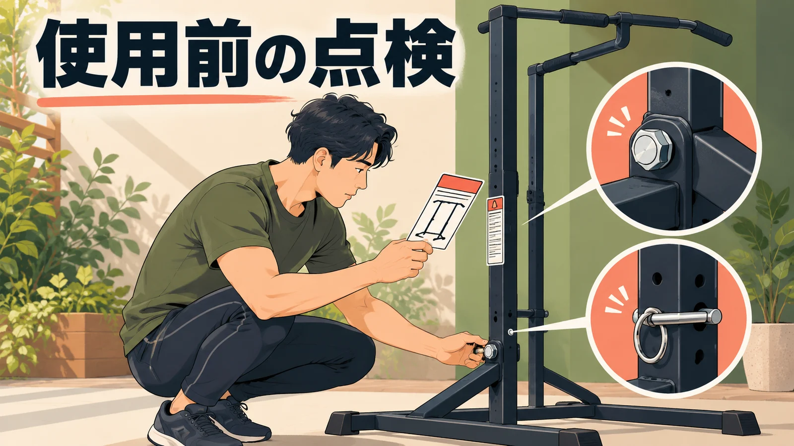 懸垂スタンドの使用前点検|耐荷重と接合部 据置型懸垂スタンドの据置型懸垂スタンドの使用前点検を示すアイキャッチ