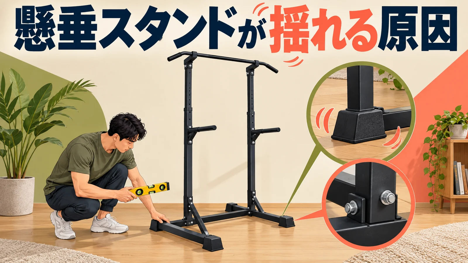 懸垂スタンドが揺れる原因|脚・支柱・ボルト 据置型懸垂スタンドの据置型懸垂スタンドの懸垂スタンドが揺れる原因を示すアイキャッチ