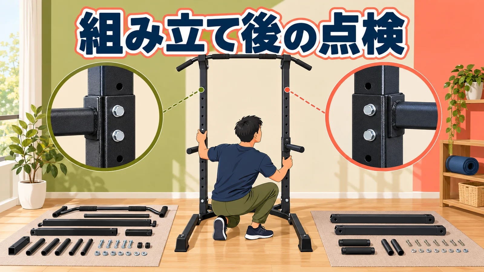 懸垂スタンドの組み立て後点検|左右差とボルト 据置型懸垂スタンドの据置型懸垂スタンドの組み立て後点検を示すアイキャッチ