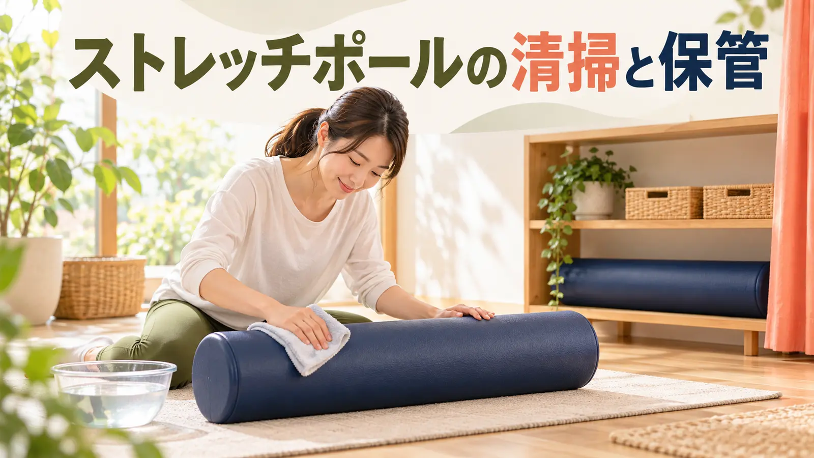 長尺ポールの表面を柔らかい布で拭いて保管する様子