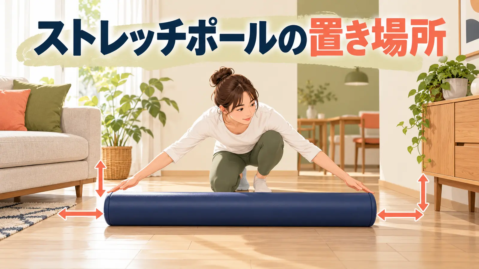 家具から離れた平らな床に長尺ポールを置く場所を確認する図