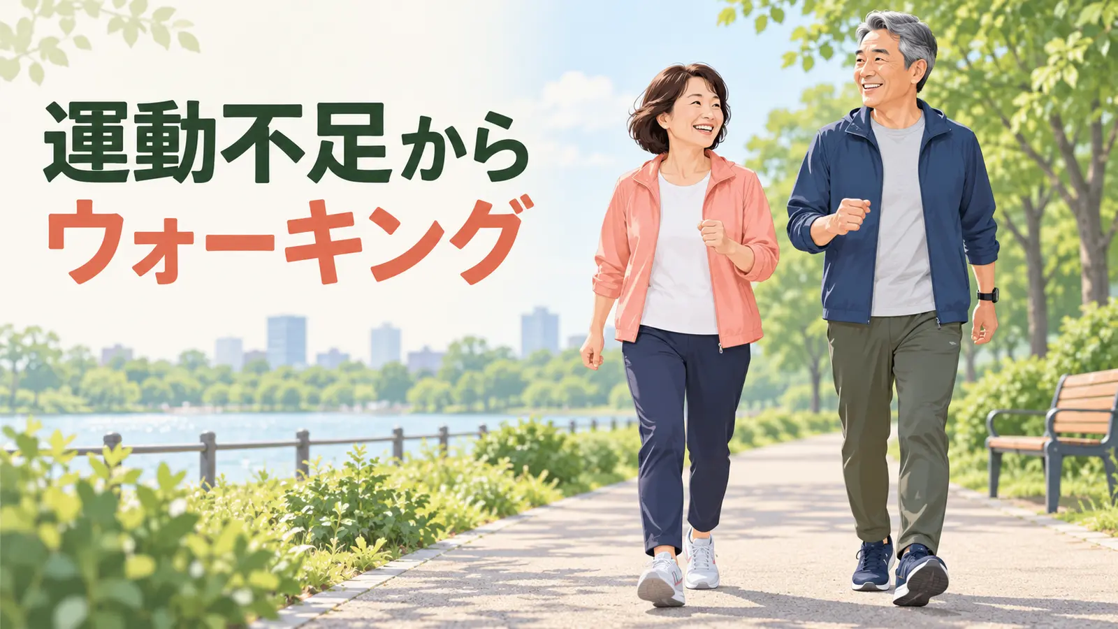 運動不足から始めるウォーキングのポイントを示すイラスト