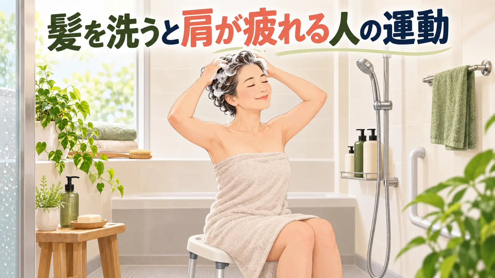 椅子に座って肩の力を抜き髪を洗う中高年女性