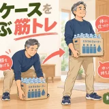 ペットボトル飲料ケースを膝を曲げて持ち上げる中高年男性