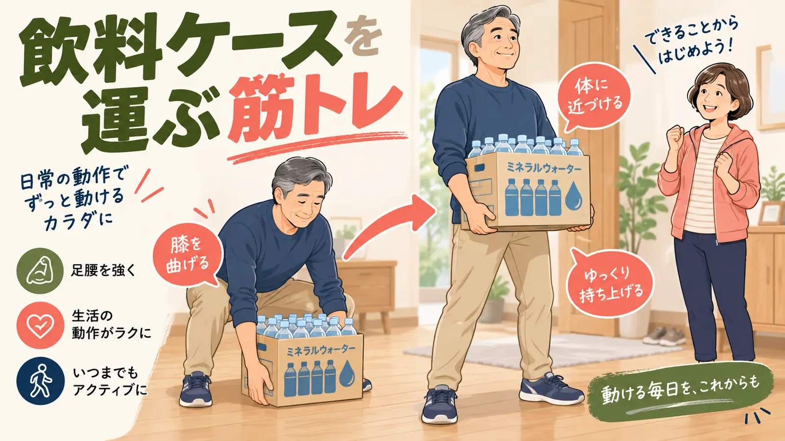 ペットボトル飲料ケースを膝を曲げて持ち上げる中高年男性