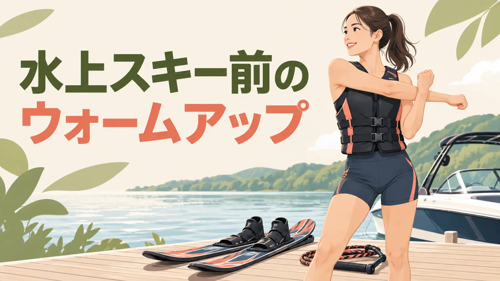 水上スキー前のウォームアップ 水上スキー前のウォームアップを紹介するイラスト