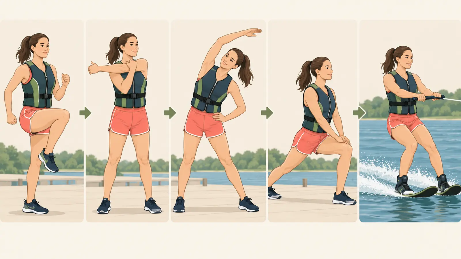 水上スキー前のウォームアップ手順 水上スキー前のウォームアップ手順を示すイラスト