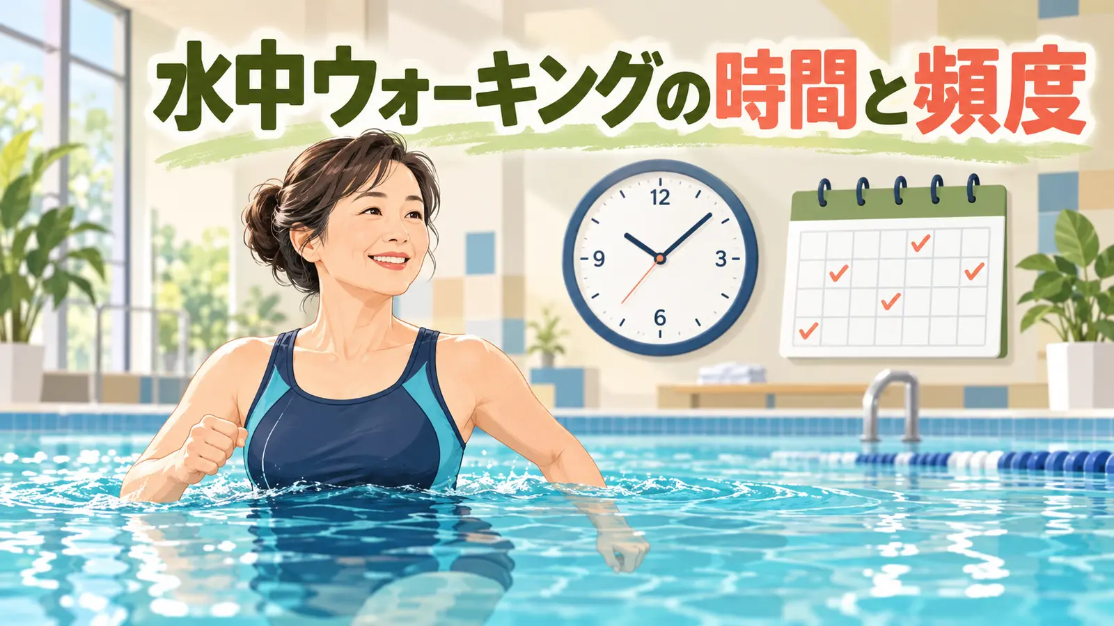 水中ウォーキングの時間と頻度を時計とカレンダーで示したアイキャッチ