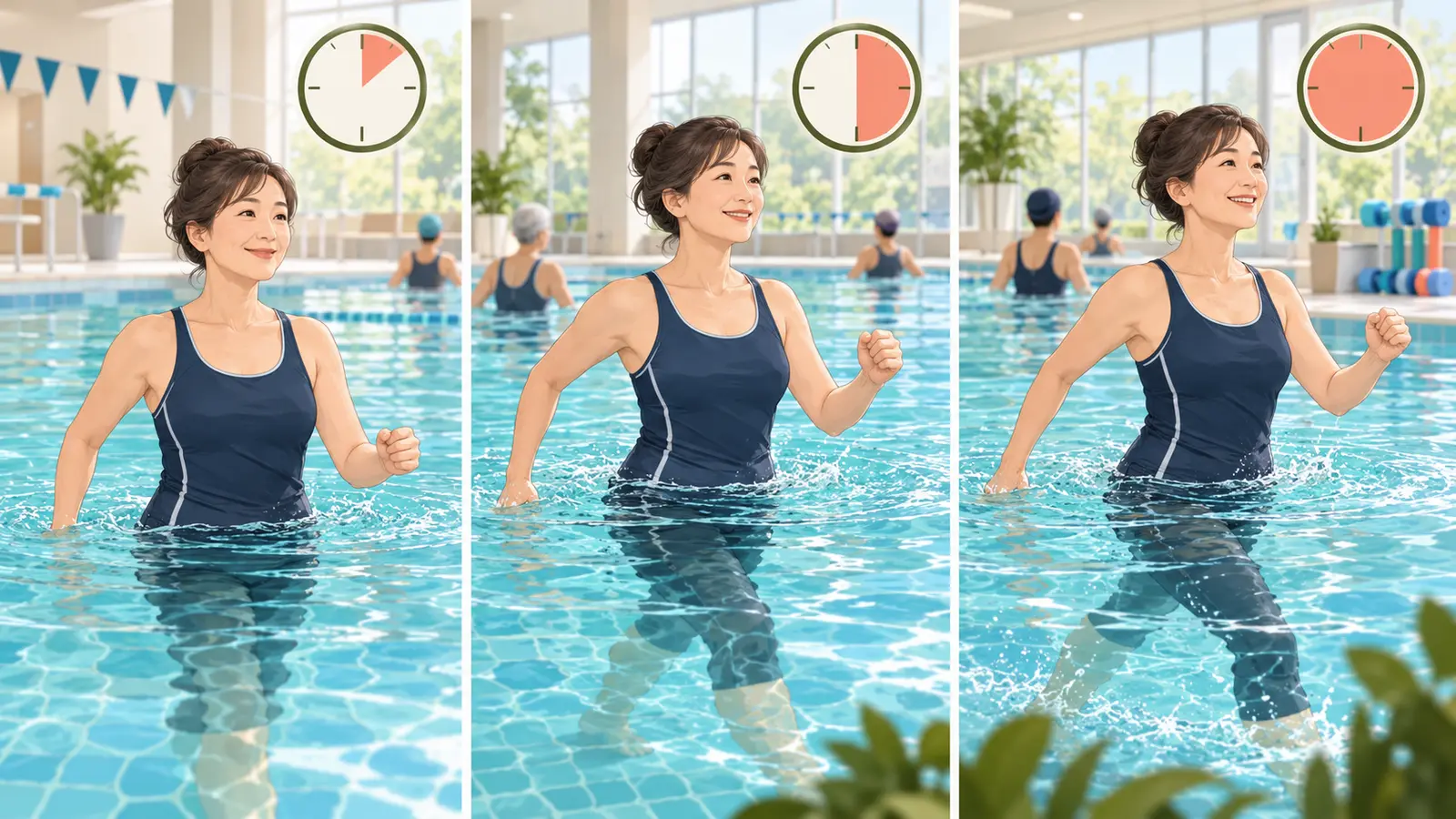 水中ウォーキングを短時間から段階的に延ばす様子
